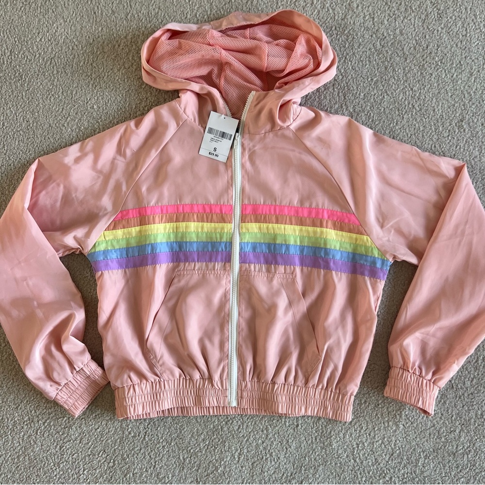NWT Forever 21 Pink Hooded Windbreaker Jacket with Rainbow Stripes